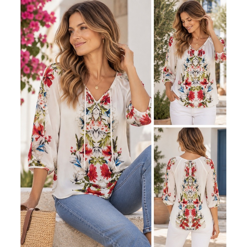 White House Black Market Blouse Womens XS White Floral Split Neck 3/4 Sleeve Top